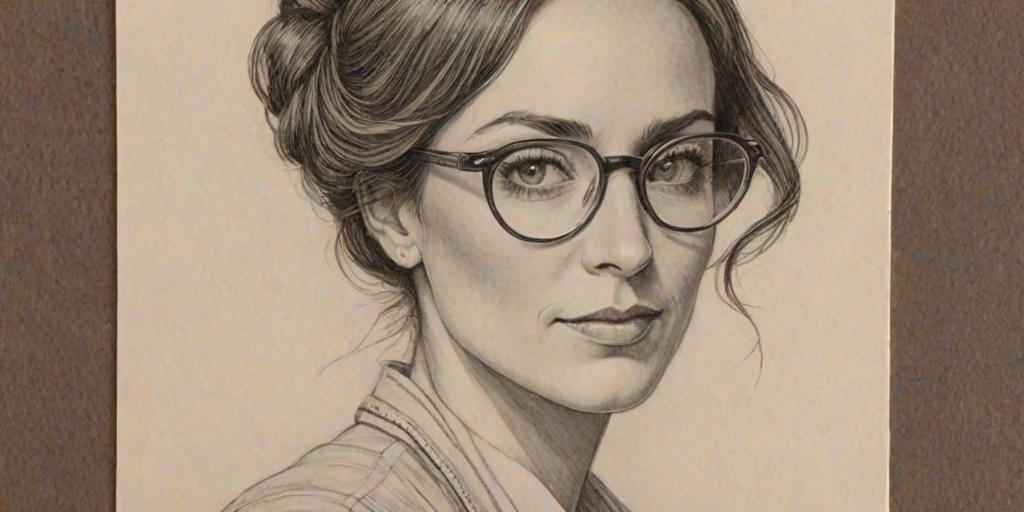 Sublime Laura Benanti, pencil sketch, portrait of Wonderful woman 1922s in glasses, hair style beatnik, outline, clear lines, fine lines, 8k