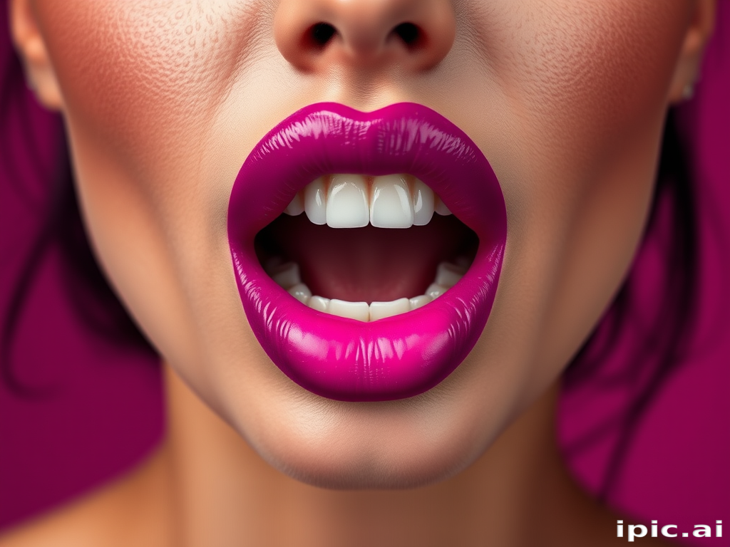 Fierce woman lips showcasing ombre effect from deep purple to bright fuchsia, full face image exuding power and confidence