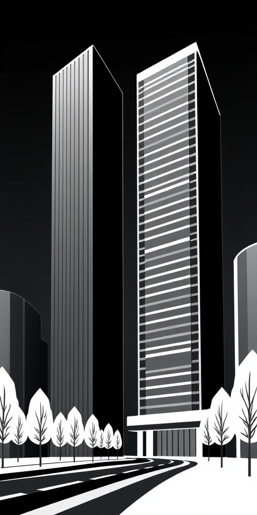 Create a high-resolution vector illustration of two stylized skyscrapers in a modern urban environment, using a color palette of black and gray with white accents, camera settings: ISO 100, aperture f/8, shutter speed 1/250s, camera view: wide-angle, camera style: minimalistic, camera type: digital illustration.