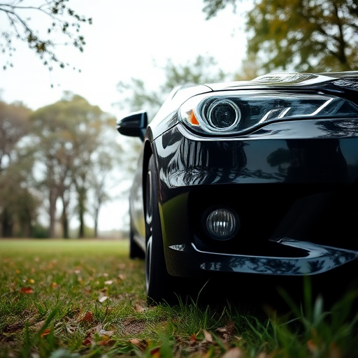 Capture a low-angle shot of a black car parked in a grassy area with trees in the background, using a DSLR camera, 35mm lens, aperture f/2.8, ISO 100, and a soft focus to enhance depth of field.