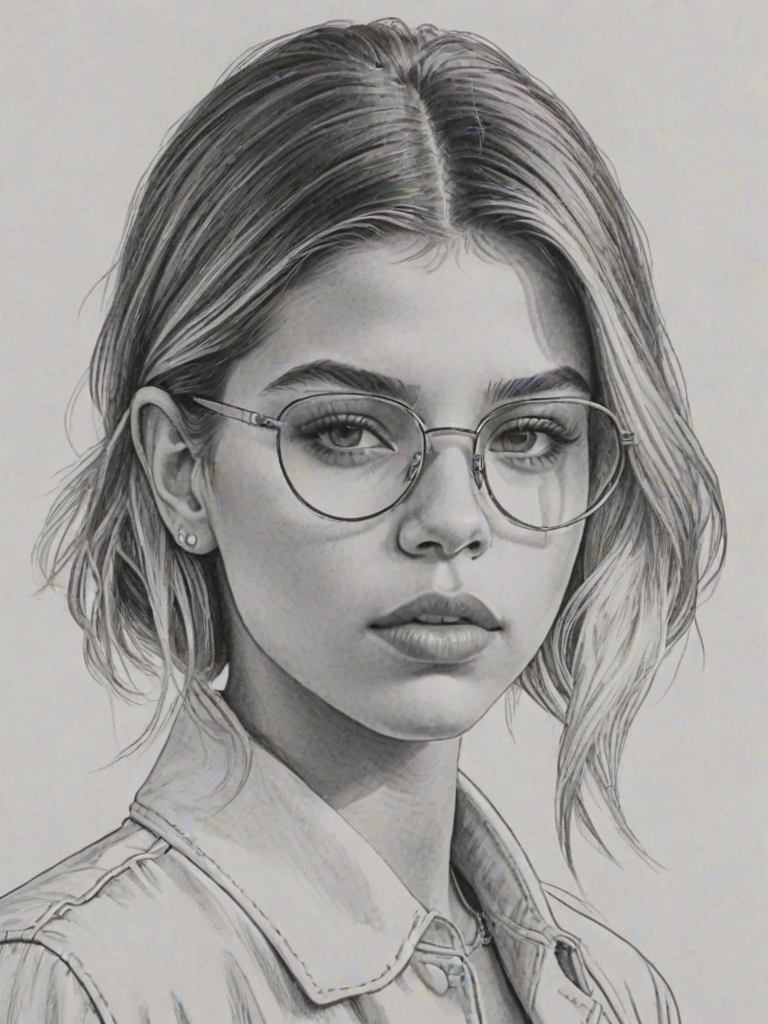Elegant Sofia Richie, pencil sketch, portrait of Ravishing woman 1922s in glasses, hair style beatnik, outline, clear lines, fine lines, 8k