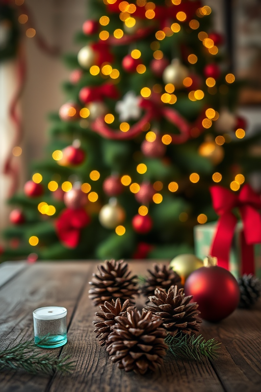 Create an image of a rustic wooden table with a blurred Christmas tree in the background adorned with red and green decorations and twinkling lights the foreground should feature pine cones and holiday ornaments in a cozy festive atmosphere