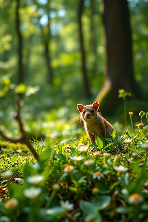 A curious forest creature in a lush, sunlit woodland, soft focus, vibrant greens and delicate flowers in the foreground, 50mm lens, f/1.8 aperture, ISO 200, natural light, DSLR camera.