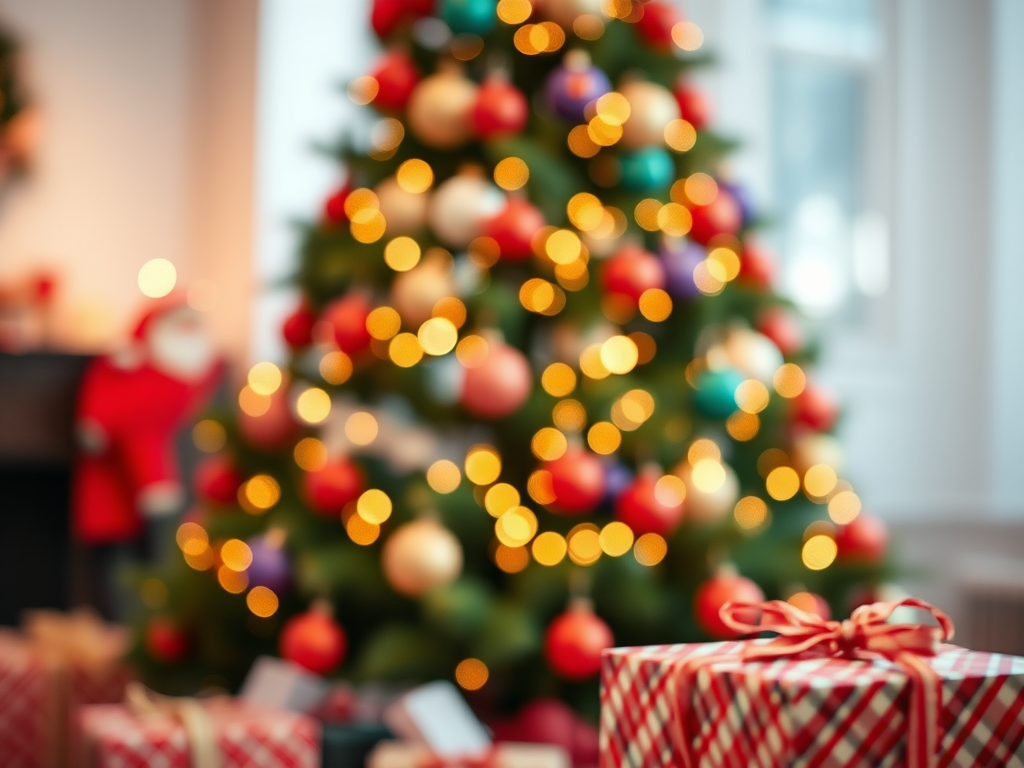 Create a blurred image of a beautifully decorated Christmas tree with colorful ornaments and twinkling lights. The background should be softly out of focus, emphasizing the festive atmosphere. Include some wrapped presents in the foreground to enhance the holiday spirit.
