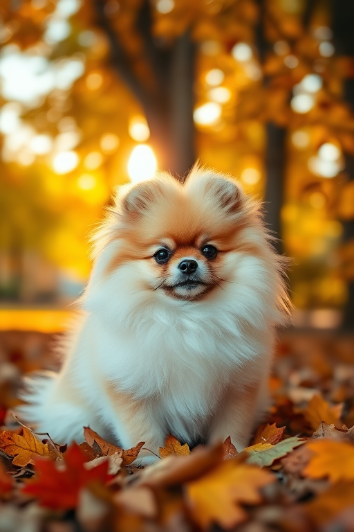 A fluffy pomeranian sitting among autumn leaves, warm soft sunlight filtering through trees, f1.8 aperture, 50mm lens, shallow depth of field, DSLR camera, golden hour lighting.