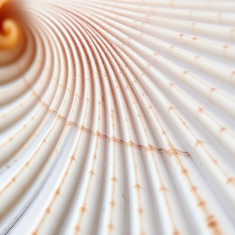 Create a detailed illustration of a scallop shell with intricate lines and a smooth texture, using a macro lens on a DSLR camera, aperture set at f/2.8 for a shallow depth of field, ISO 100 for high clarity, and a soft natural light setup to enhance the colors and details of the shell.