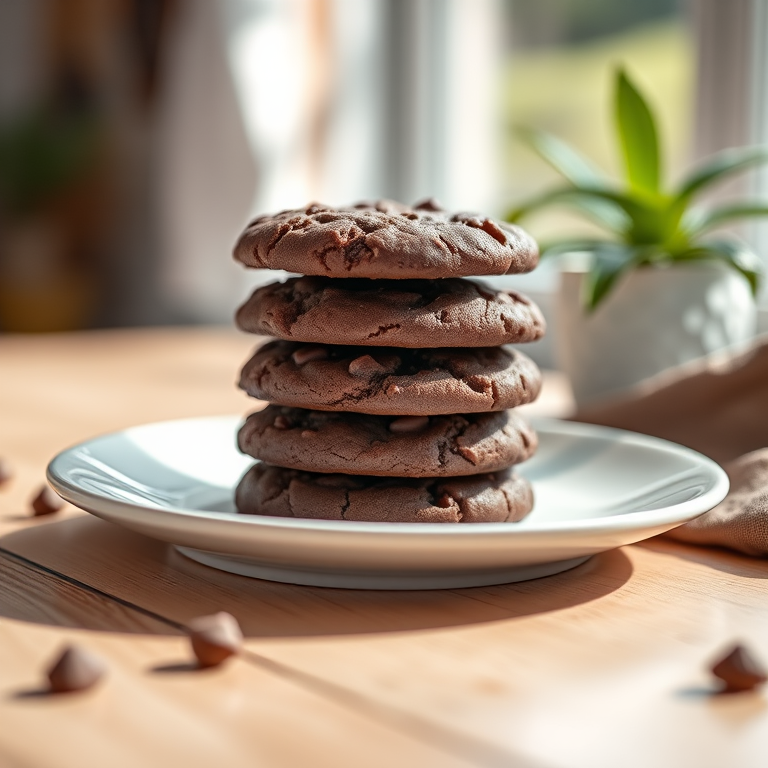 Create a realistic image of a stack of four chocolate cookies on a white plate with natural lighting, using a DSLR camera, aperture f/2.8, shutter speed 1/60s, ISO 200, close-up view, shallow depth of field.