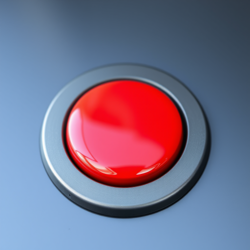 Create an image of a glossy red button with a circular gray border, using a DSLR camera with a 50mm lens at f/2.8 aperture, ISO 100, shot from a front view, in soft natural lighting to enhance depth and reflection.