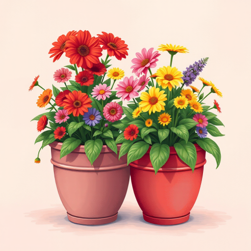 Create a vibrant digital illustration of two flower pots filled with colorful blooms including red, yellow, pink, and purple flowers surrounded by green leaves on a textured pastel background, using a Canon EOS R5 at f/8 aperture, 50mm lens, ISO 100, 1/200s shutter speed, with a soft focus style for enhanced clarity and detail.