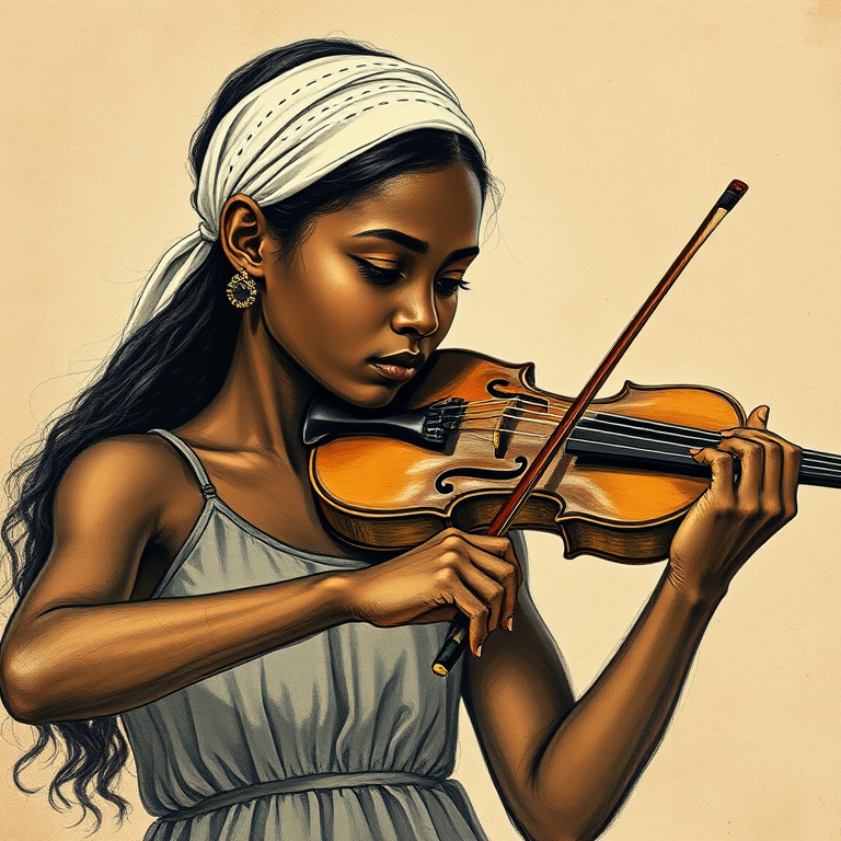 a young African American woman with a white headband playing a violin, in the style of a charcoal drawing, sepia grunge background