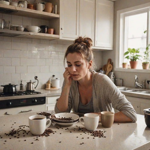 A portrait capturing a humorous and relatable scene of morning exhaustion. A woman with a messy bun, is slumped over a kitchen table, head resting on the surface in apparent fatigue. Despite their exhaustion, they are attempting to pour coffee from a pot, but instead of pouring the coffee into the mug she is pouring it onto the kitchen table. The kitchen setting is minimal, with simple countertops and a tiled backsplash in the background. Scattered coffee beans and an empty cup add to the sense of early morning chaos. The overall mood is lighthearted, portraying the struggle of waking up and the desperate need for coffee in a comedic yet relatable way.