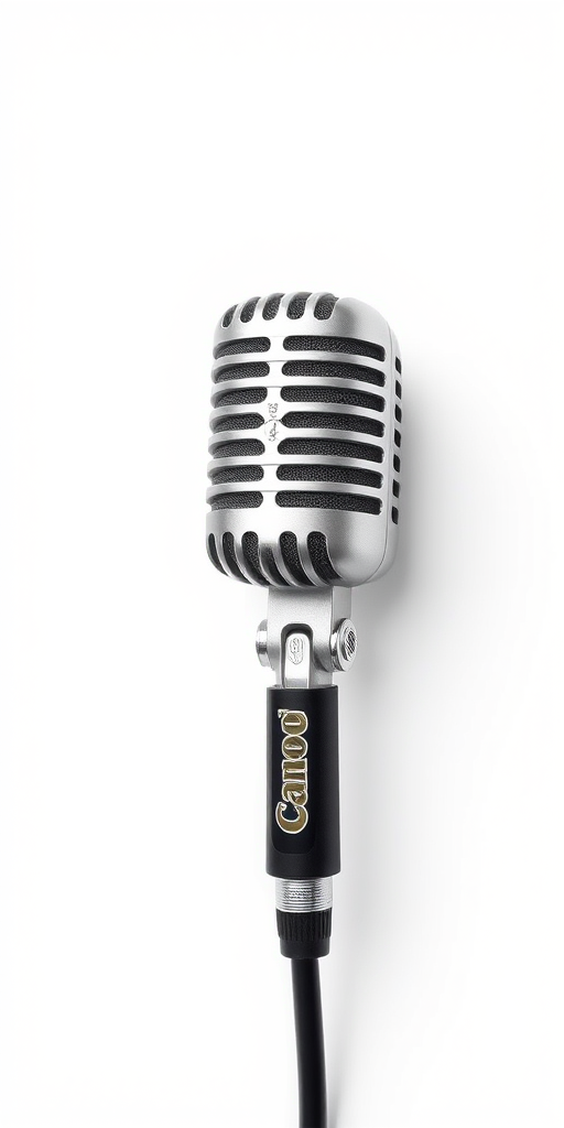 Create a high-resolution illustration of a classic microphone on a white background, using a Canon EOS R5 camera with a 50mm f/1.8 lens at f/5.6, ISO 100, 1/200 sec, shot from a front view in a flat lay style to enhance detail and clarity.
