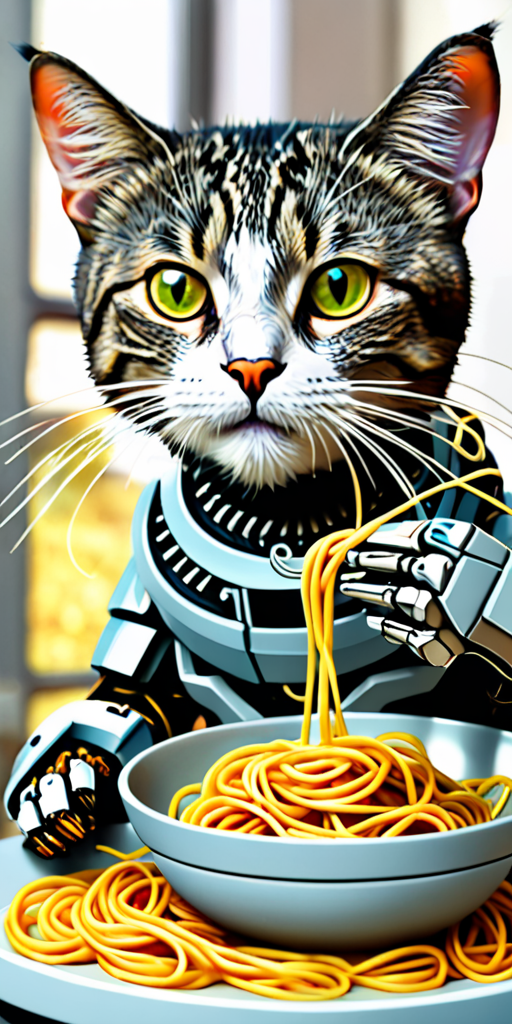 A robot cat eating spaghetti, digital art