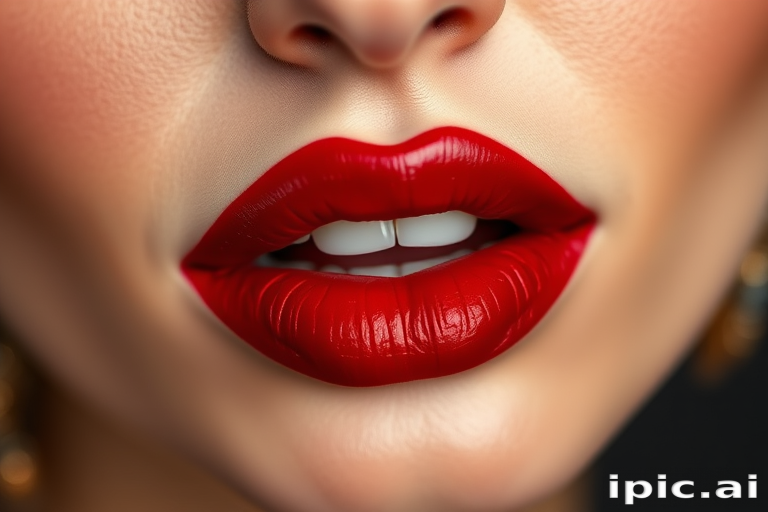 Opulent "Ruby Royale" liquid lipstick adorns lips in rich, jewel-toned red with a velvety matte finish and exceptional color payoff for timeless glamour
