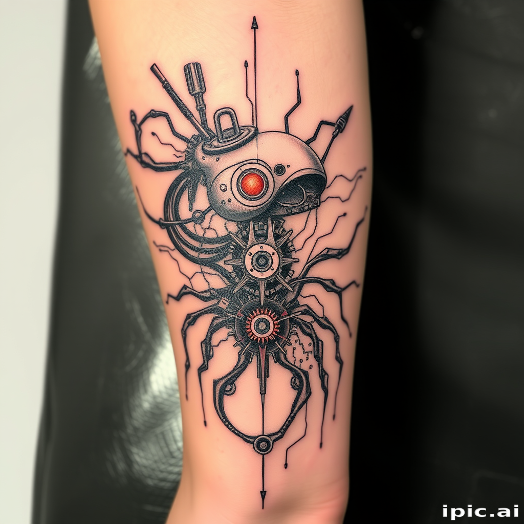 Biomechanical "Cybernetic Fusion" tattoo blending organic forms with mechanical elements, creating the illusion of exposed circuitry and robotic parts beneath the skin