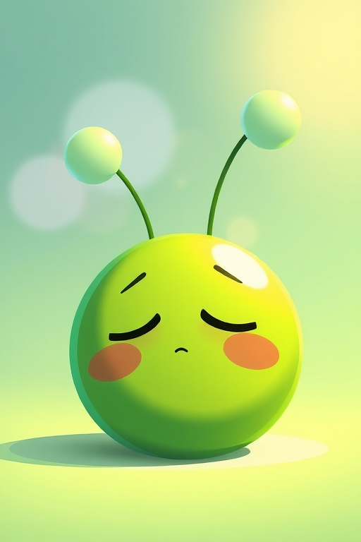 Create a vibrant cartoonish character of a sleeping green sphere with two floating antennae, background with a soft gradient, natural lighting, 50mm lens, f/2.8 aperture, ISO 100, in a digital illustration style, high resolution.