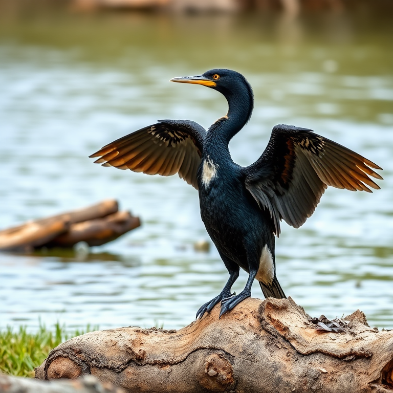 photograph a cormorant drying its wings on a log near a river, focus on the bird with a shallow depth of field, F/4 aperture, 1/500 shutter speed, ISO 200, use a 70-200mm lens, natural light, taken from eye level at a distance of 10 feet