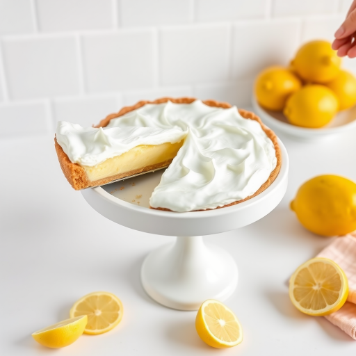 A lemon meringue pie on a white cake stand with a slice being served a few pieces of lemon around the pie the background is a simple white tile pattern