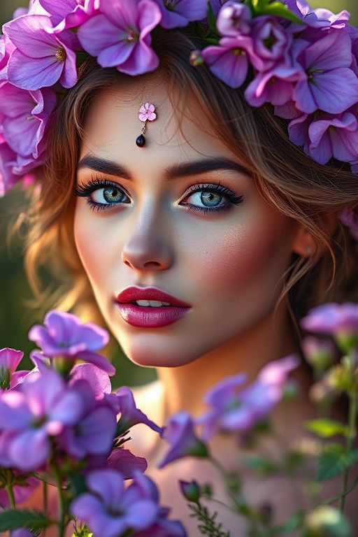 portrait of a woman with floral makeup and hair, surrounded by purple flowers, soft natural light, shallow depth of field, 85mm lens, f/1.8 aperture, ISO 100, taken with a DSLR camera
