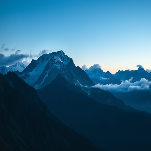 Generate a digital artwork of a mountain landscape at night with shades of blue, featuring sharp mountain peaks and soft clouds, captured with a Canon EOS 5D Mark IV, using a 24mm f/1.4 lens, aperture set to f/8, ISO 100, in landscape orientation for high detail.