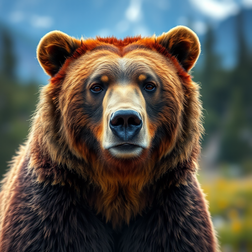 Create a high-resolution image of a realistic bear portrait with a blurred natural background featuring mountains and trees, shot with a Canon EOS R5 at 50mm, f/1.8, ISO 100, using a shallow depth of field for a soft bokeh effect.