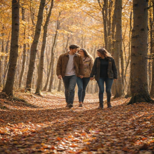 Blurry, candid photo of a young couple walking through an autumn forest, leaves falling around them, soft sunlight filtering through the trees, distant birds chirping, and the crunch of leaves underfoot.