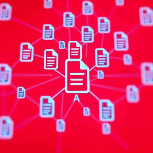 Generate an illustration of a digital interface displaying interconnected document icons on a vibrant red background, using a Canon EOS R5 with a 24-70mm f/2.8 lens, at f/8, ISO 100, and a shallow depth of field for clarity.