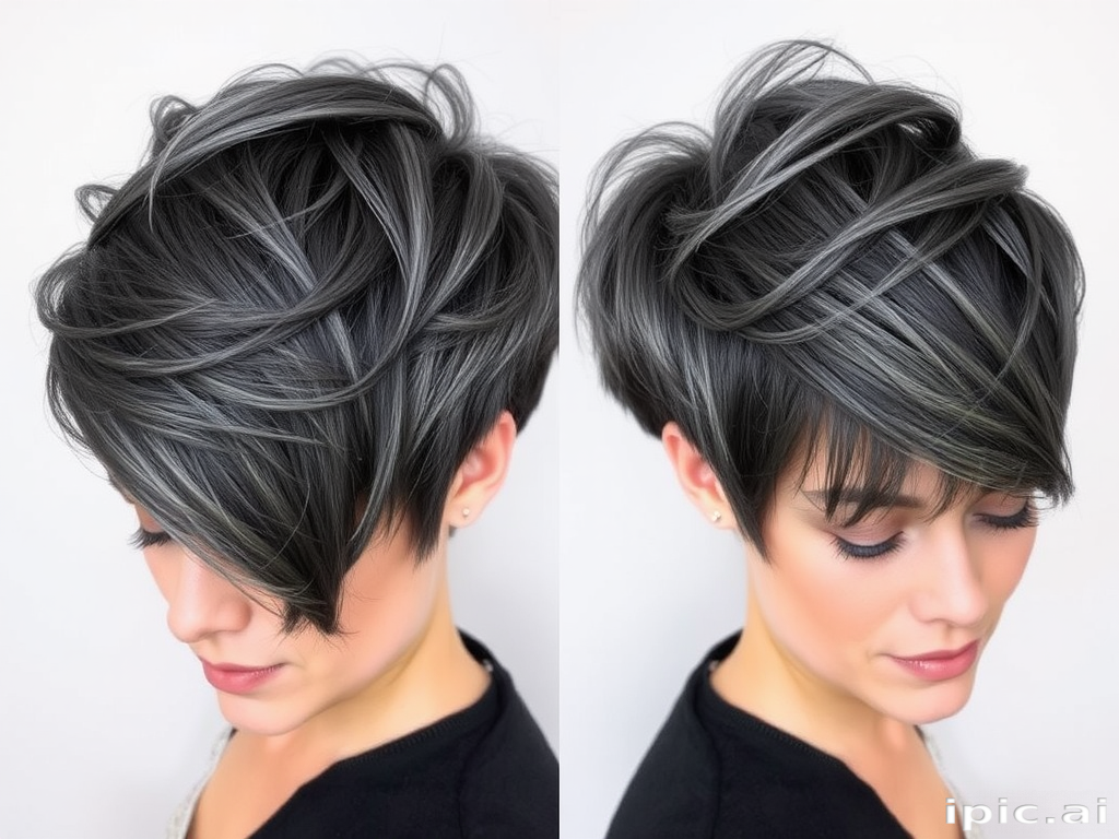 Sophisticated charcoal gray pixie cut named "Smoky Quartz" with textured layers, silver highlights adding dimension, asymmetrical bangs sweeping across forehead, tapered nape and sides, edgy yet refined look