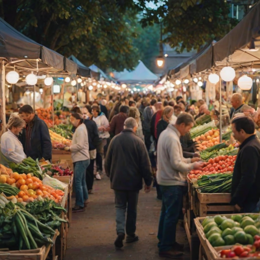 Blurry candid shot of a crowded farmer’s market at dawn, with soft light from hanging lanterns reflecting off fresh produce, and vendors blurred in motion as they set up their stalls.