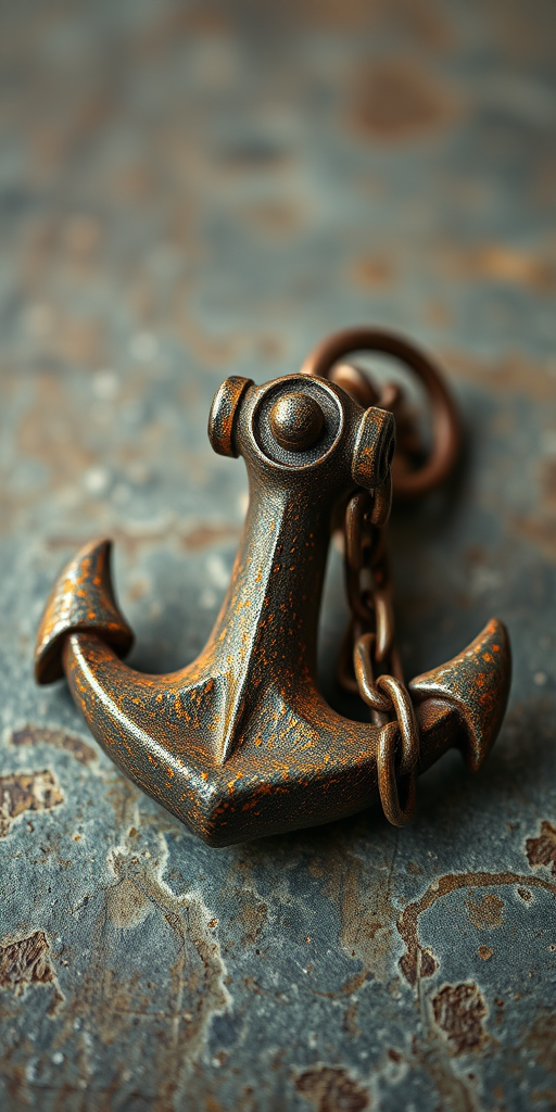 regenerate an old, rusty anchor with a chain on a textured surface, captured with a macro lens, shallow depth of field, f/2.8 aperture, ISO 100, natural light, HDR photography technique, studio setting