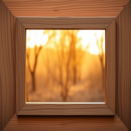 Create an image with a wooden frame showcasing a warm-toned nature scene with soft lighting, using a DSLR camera at f/5.6, ISO 100, 50mm lens, shallow depth of field, and a slight vignette effect.