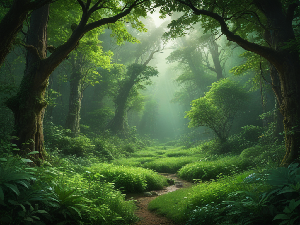 Serene Forest Pathway Surrounded by Lush Greenery and Soft Light