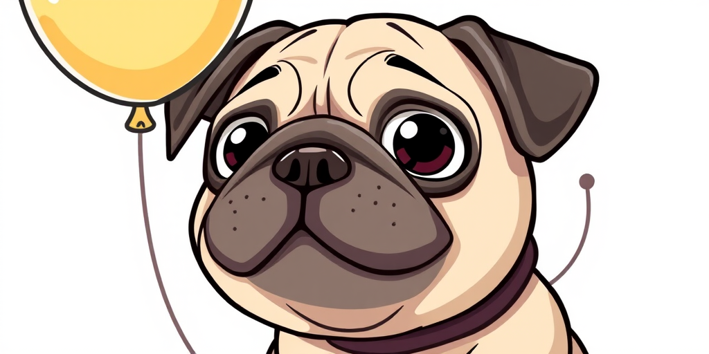 Create a cute cartoon-style illustration of a pug with a balloon, featuring exaggerated facial expressions and playful details, use a wide-angle lens at f/2.8, 50mm focal length, soft lighting for a whimsical effect, ensure vibrant colors and smooth lines for high clarity.