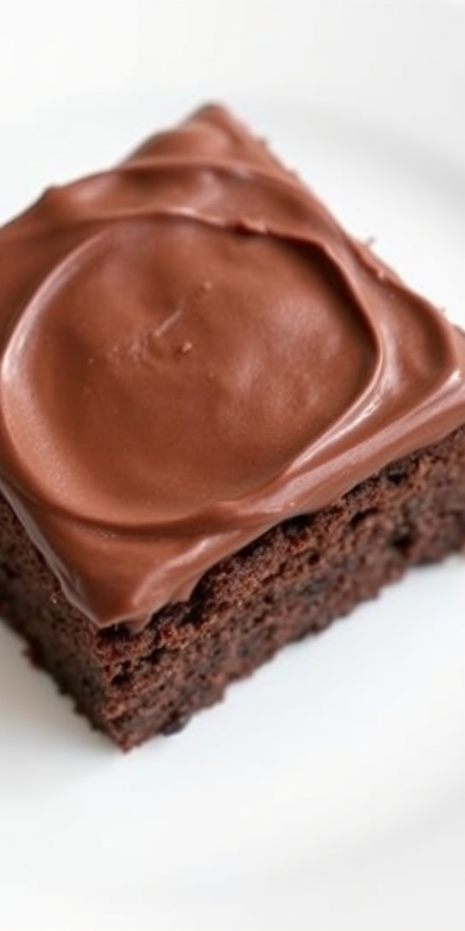 Chocolate cake with smooth chocolate frosting on top, square piece on a white plate, soft texture, rich dark color, simple presentation, appetizing and inviting.