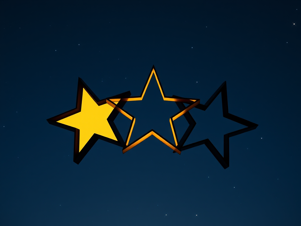 create a vivid image of three stars with one filled in yellow and the others outlined in black, shot with a DSLR camera using a 50mm lens, aperture f/2.8, ISO 100, in natural light for enhanced clarity