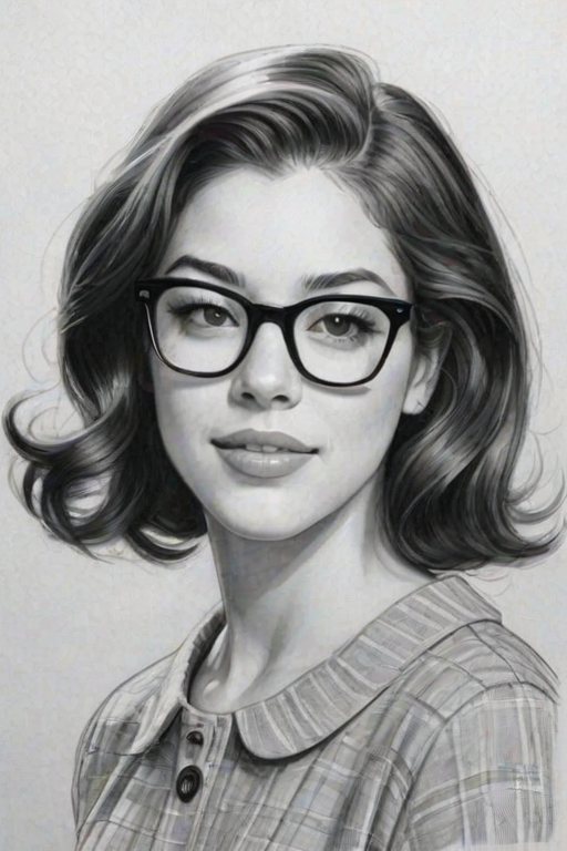 Charming Olivia Thirlby, pencil sketch, portrait of Radiant woman 1950s in glasses, hair style beatnik, outline, clear lines, fine lines, 8k