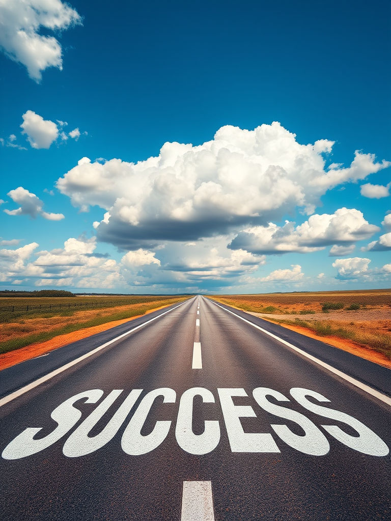 A long, straight road leading towards a bright blue sky with fluffy white clouds, the word "SUCCESS" painted large on the pavement, captured with a DSLR camera, 24mm lens, aperture f/8, ISO 100, shot during golden hour for enhanced lighting and color saturation.
