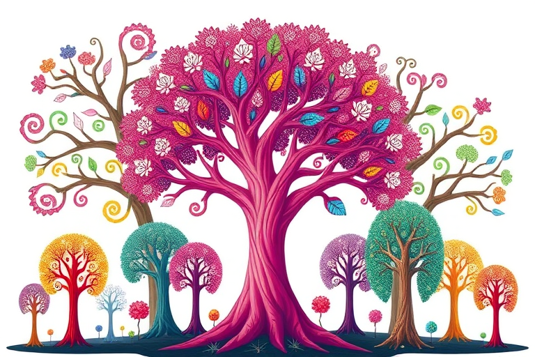 Create an illustration of stylized trees with vibrant colors and intricate designs, featuring a large pink tree in the center, several smaller trees in various colors around, with a transparent background, captured in a high-resolution digital format, using a macro lens, f/2.8 aperture, ISO 200, and a light soft focus for enhanced detail.