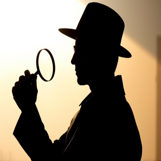 Create a silhouette of a detective holding a magnifying glass, shot with a 50mm lens at f/2.8, ISO 100, capturing a side profile in soft natural light, using a DSLR camera for crisp detail and a shallow depth of field.