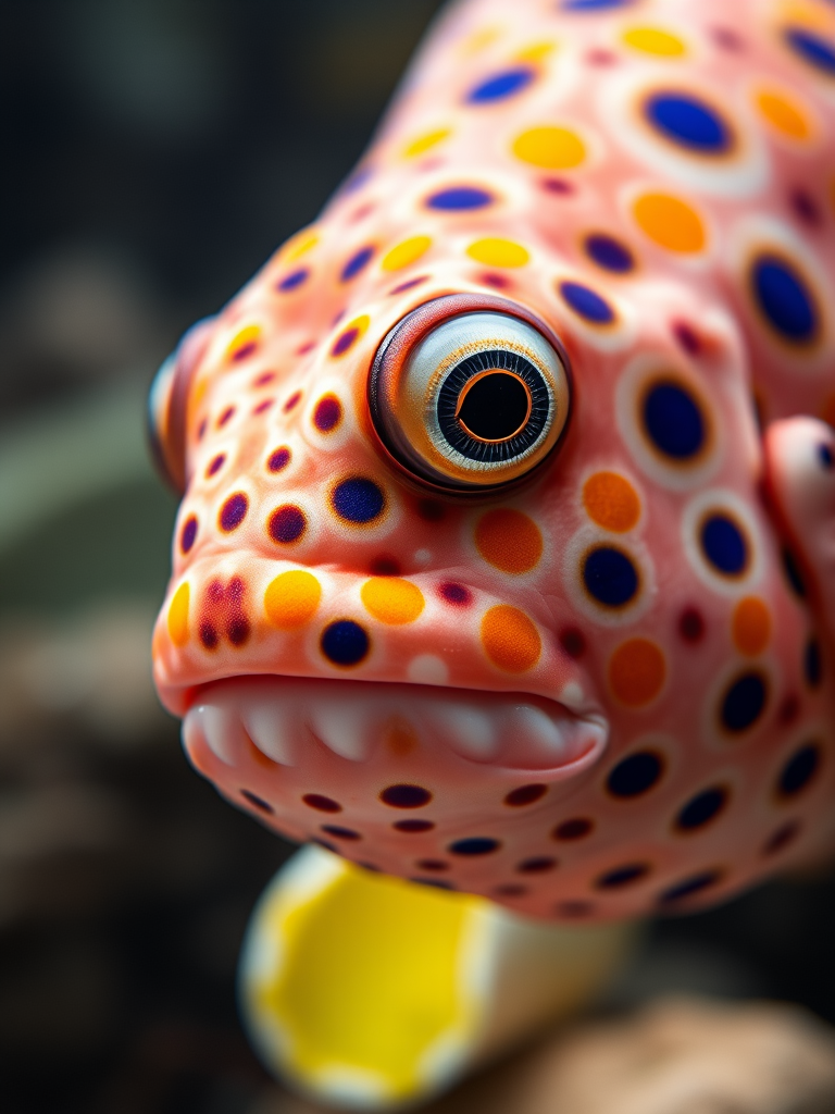 A highly detailed portrait of a fugu fish with bright yellow and blue polka dots, underwater scene with soft lighting, captured with a Canon EOS R5, 50mm f/1.2 lens, aperture f/2.8, ISO 200, 1/100s shutter speed, macro shot with a shallow depth of field.