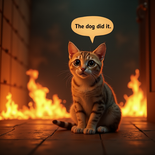 Photorealistic image of an innocent-looking cat sitting calmly in the middle of a burning room. Flames engulf the room, with fire licking up the walls and smoke filling the air. The cat is sitting on the floor, looking directly at the viewer with wide, innocent eyes. Above the cat, a speech bubble says "The dog did it". The contrast between the cat's calm demeanor and the chaos around it creates a humorous and surreal scene.