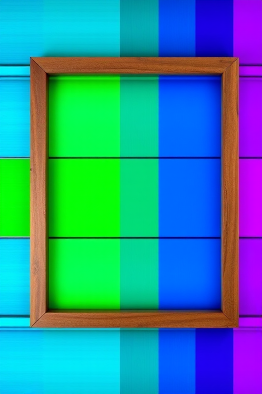 Create a vibrant abstract image featuring horizontal stripes in various colors including blue, green, and purple, with a wooden frame around it, captured with a DSLR camera at f/8 aperture, ISO 100, 1/125 sec shutter speed, with a focus on vivid color saturation and sharpness.