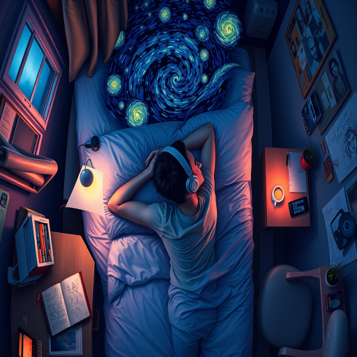 A top-down Van Gogh-style painting of a young man lying on his bed, listening to music with headphones. The room is softly lit with deep blues and purples, creating a peaceful nighttime atmosphere. The bed has a soft pillow, and the man's arms are resting behind his head. Around the bed, various glowing gadgets such as a smartphone, a laptop, and a small lamp are visible, casting a gentle light. The rest of the bedroom includes a desk with books, a chair, and a small rug on the floor. A window near the bed reveals a starry night sky with swirling stars, reminiscent of Van Gogh's 'Starry Night.' On the desk, there is a sketchbook with colorful drawings, a cup of coffee steaming gently, and a small potted plant. The walls have posters of famous paintings and a corkboard with pinned notes and photos. The scene is full of dynamic, swirling brushstrokes, capturing the essence of Van Gogh's unique style. The overall mood is serene and contemplative, with a touch of artistic inspiration.