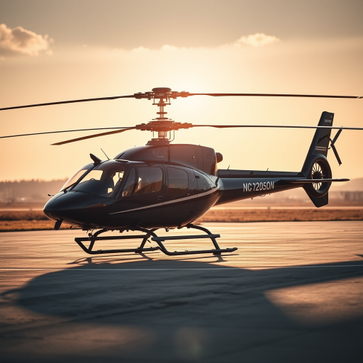 helicopter on tarmac, detailed shot, 50mm lens, f/2.8 aperture, ISO 100, natural lighting, slight upward angle, DSLR camera
