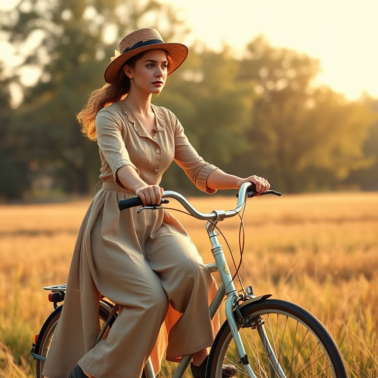 Generate an illustration of a woman in vintage attire riding a bicycle through a scenic field with trees in the background, captured with a Canon EOS R5 at f/2.8, ISO 100, 50mm lens, in soft natural lighting with a shallow depth of field.