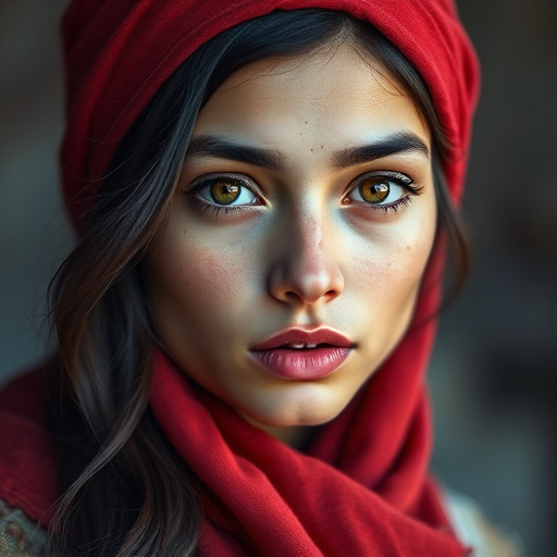 Create a portrait of a young taino woman with long, dark hair and captivating hazel eyes. She is wearing a red headscarf and a matching scarf draped gracefully around her neck. The background is softly blurred, focusing attention on her serene and natural expression. The overall color palette is muted and warm, enhancing the intimate and authentic feel of the portrait.