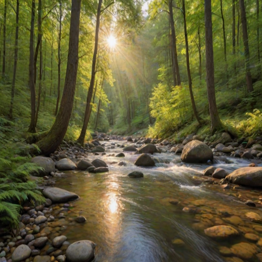 Create an image of a serene, sunlit forest scene with a clear, gently flowing river. Tall trees with lush green foliage line both sides of the river, their leaves bathed in the warm golden light of the setting or rising sun. The sunlight filters through the trees, casting soft, dappled light on the river, which flows over smooth rocks and pebbles, creating a peaceful, natural atmosphere. The sky is bright with a few scattered clouds, and the overall mood is tranquil, evoking a deep sense of connection with nature. The image captures the beauty of a calm, pristine forest landscape at either dawn or dusk.