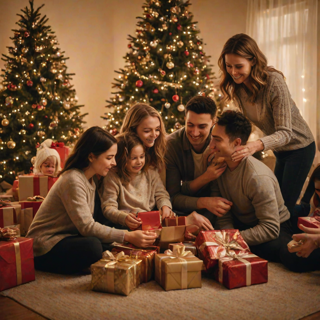 Warm, intimate image of a family gathered around a Christmas tree, soft golden light from the tree's lights illuminating their faces, with wrapped presents and holiday decorations scattered around the room.