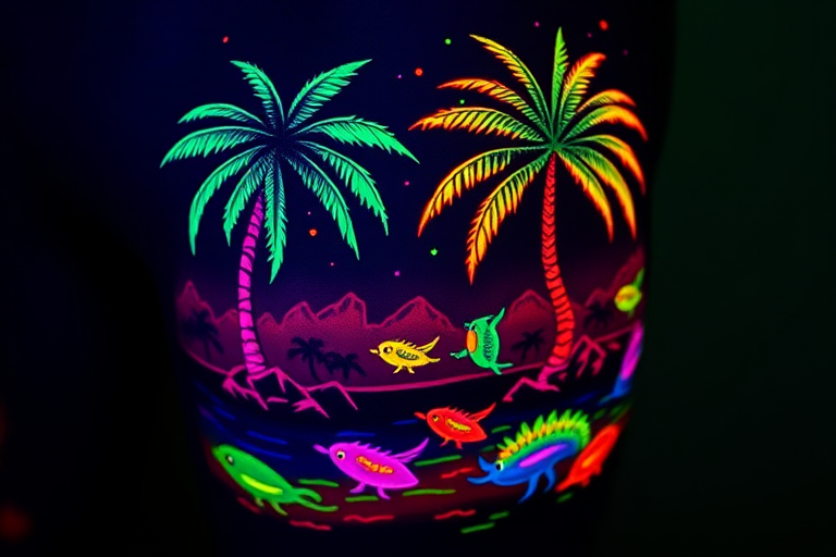 Neon blacklight tattoo called "Electric Oasis" depicting a vibrant tropical scene with glowing palm trees, bioluminescent creatures, and shimmering water, designed to come alive under UV light while remaining subtle in normal lighting conditions