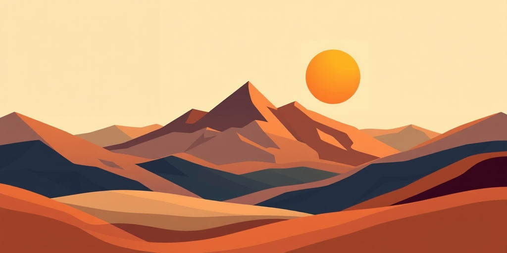 Generate a stylized landscape illustration featuring abstract mountains and a sun, with warm earthy tones and smooth shapes, using a DSLR camera with a 50mm lens, aperture set to f/8, ISO 200, shot from a panoramic view to enhance depth and clarity.